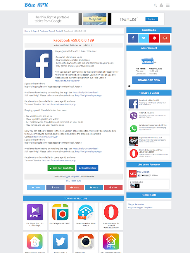 Blue APK Android Apps Download Blogger Template